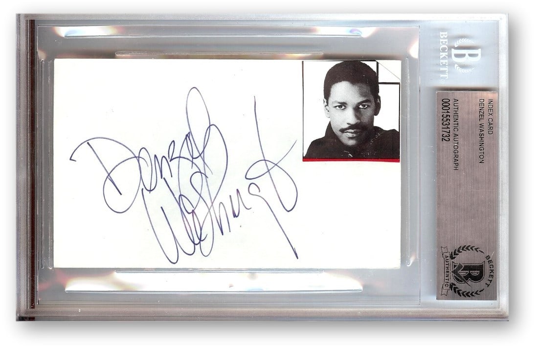 Denzel Washington Autographed Index Card Training Day Beckett Certified: Denzel Washington Autographed Index Card Training Day Beckett Certified This Denzel Washington signed index card is a must-have for any fan or collector. Featuring the iconic actor's autograph, this i
