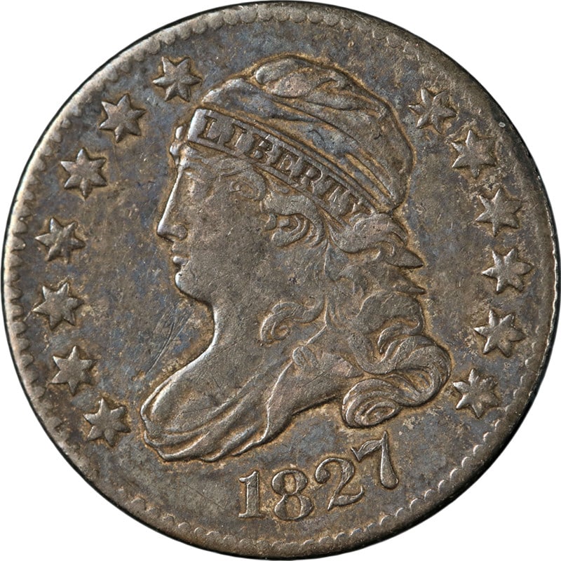 1827 Silver Bust Dime Pointed Top 1 XF Grade Strong Eye Appeal: 1827 Silver Bust Dime Pointed Top 1 XF Grade Strong Eye Appeal This is an original 1827 Bust Dime featuring the 'Pointed Top 1 in 10c' variety. The coin is circulated and graded as Nice XF (Extremely