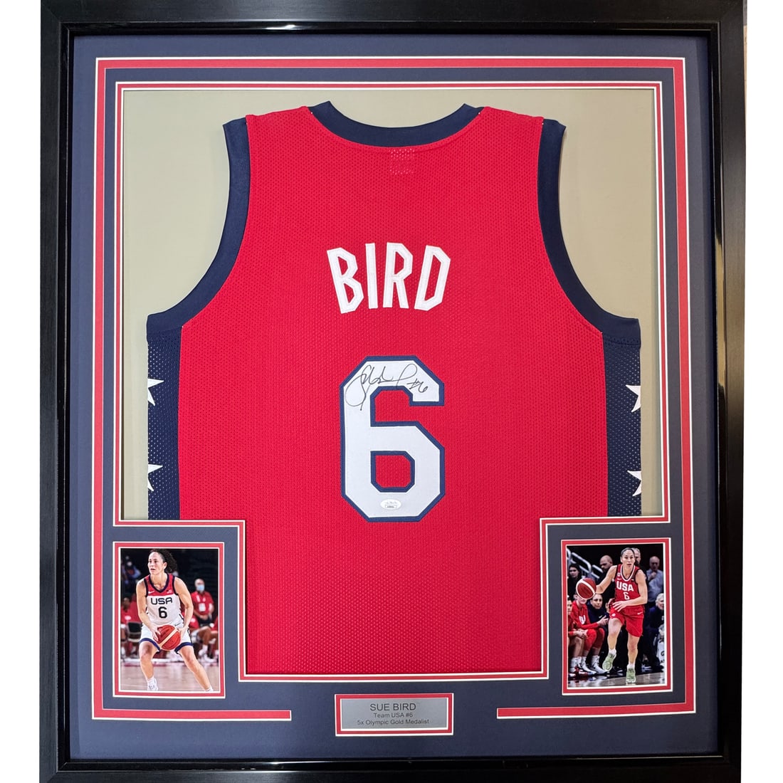 Framed Signed Sue Bird USA Olympics Jersey with JSA Authentication: Framed Signed Sue Bird USA Olympics Jersey with JSA Authentication Celebrate the legacy of basketball star Sue Bird with this professionally framed and matted autographed USA Olympics red basketball j