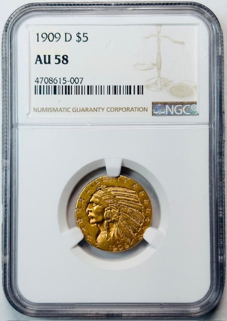 1909 Denver $5 Indian Head Gold Coin NGC AU-58: 1909 Denver $5 Indian Head Gold Coin NGC AU-58 This 1909 D Indian Head Gold Half Eagle is a $5 coin certified by NGC with a grade of AU 58. Minted in Denver, this circulated coin features the iconic I