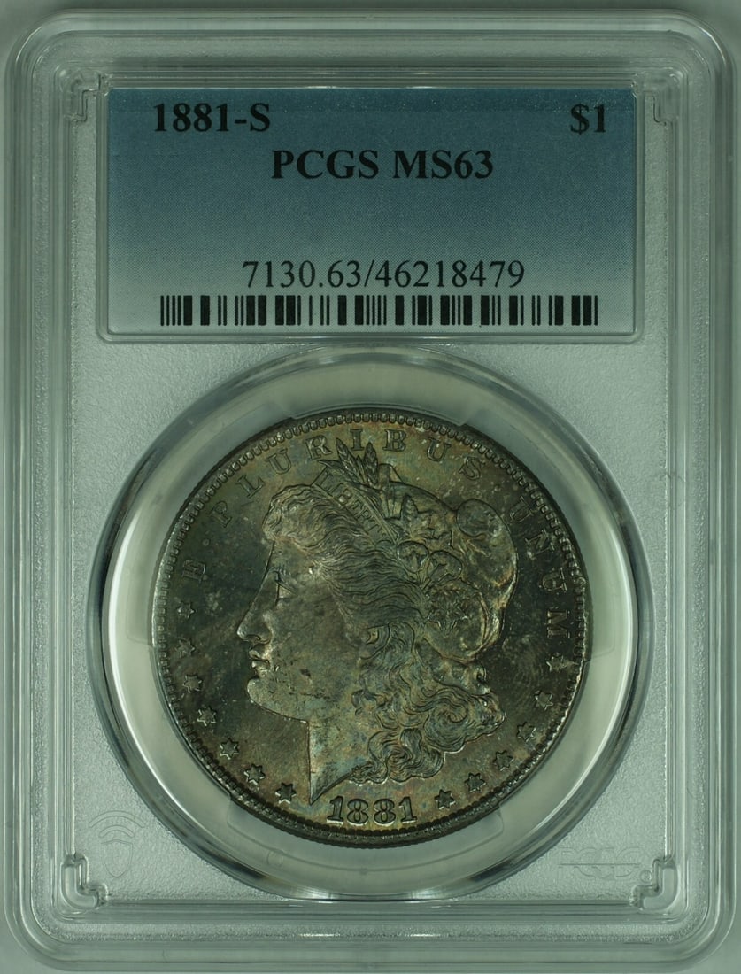 PCGS MS-63 1881-S Morgan Dollar Silver Coin With Attractive Toning: PCGS MS-63 1881-S Morgan Dollar Silver Coin With Attractive Toning This 1881-S Morgan Silver Dollar is certified by PCGS with a grade of MS-63. Struck at the San Francisco Mint, the coin is composed o