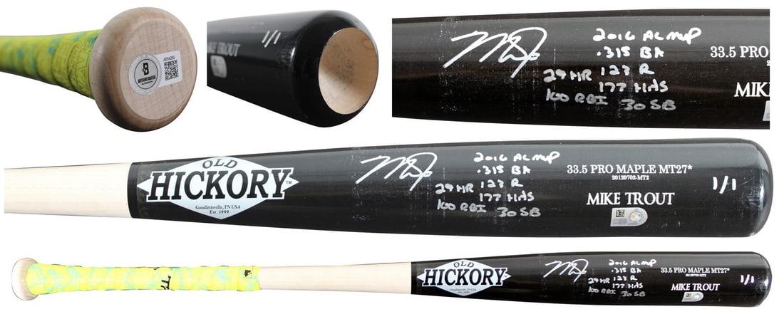 Signed Old Hickory MT27 Bat 1 of 1 Mike Trout 2016 Stat BAS Authenticated: Signed Old Hickory MT27 Bat 1 of 1 Mike Trout 2016 Stat BAS Authenticated This is an original Old Hickory Pro Maple MT27* game-ready baseball bat, limited edition #1/1, personally signed by Mike Trout