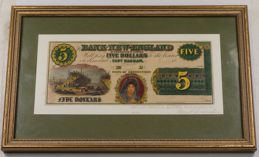 Hand Colored $5 Bank of New England Note by Brent Hughes Framed 1970 (1 of 3)