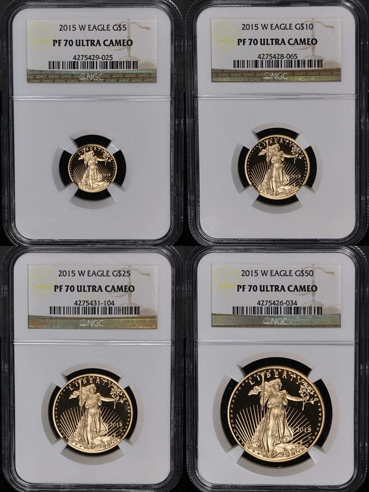 NGC PF70 Ultra Cameo 2015-W Gold Eagle Four Coin Proof Set Brown Label: NGC PF70 Ultra Cameo 2015-W Gold Eagle Four Coin Proof Set Brown Label This 2015-W Gold American Eagle 4 Coin Proof Set features four uncirculated gold coins, each certified by NGC with a PF70 Ultra C