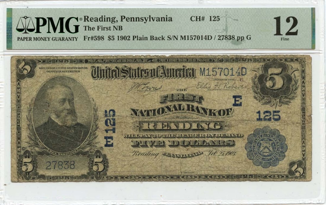 1902 $5 First National Bank Reading PA PMG F12 Note: 1902 $5 First National Bank Reading PA PMG F12 Note This is a 1902 $5 note issued by the First National Bank of Reading, PA. It has been graded as Fine 12 (F12) by PMG, indicating it is a circulated p
