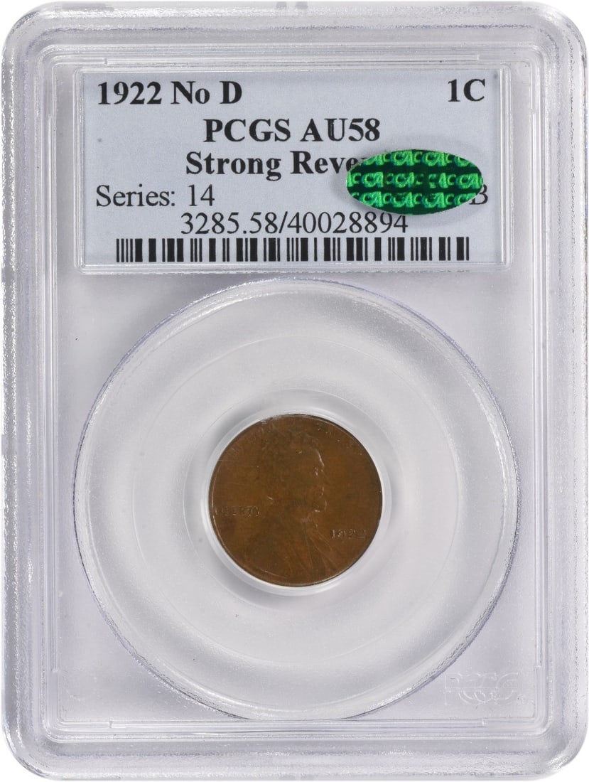 1922 D Lincoln Wheat Cent AU58 PCGS Certified Strong Reverse: 1922 D Lincoln Wheat Cent AU58 PCGS Certified Strong Reverse This 1922-PL Lincoln Cent showcases a strong reverse and is graded AU58 by PCGS, with a CAC designation. This coin, featuring the iconic Li