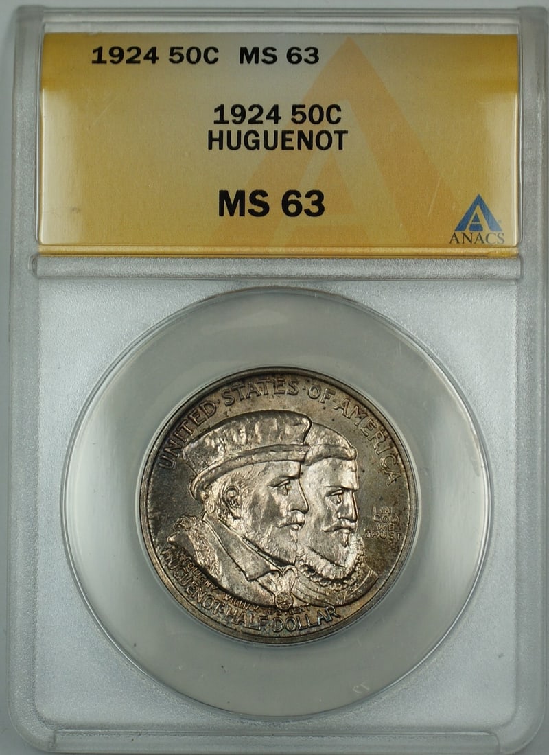 ANACS MS 63 1924 Huguenot Silver Half Dollar Philadelphia Toned Commemorative: ANACS MS 63 1924 Huguenot Silver Half Dollar Philadelphia Toned Commemorative This 1924 Huguenot Commemorative Silver Half Dollar is certified by ANACS with a grade of MS 63. The coin is uncirculated,