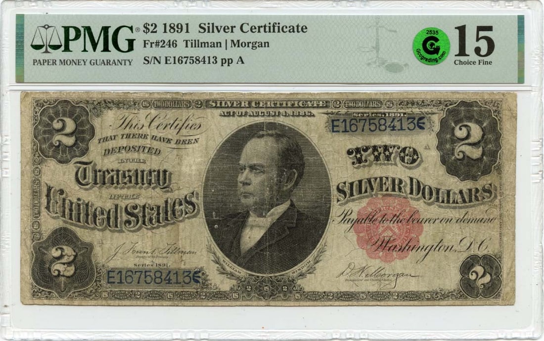 1891 $2 Silver Certificate Red Scalloped Fr# 246 PMG F15 (1 of 2)