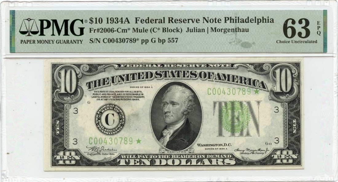 1934A $10 Federal Reserve Note Philadelphia PMG MS63 Uncirculated Fr# 2006-Cm (1 of 2)