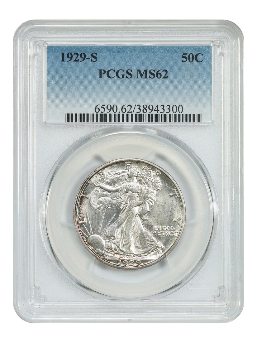 PCGS MS62 1929-S Walking Liberty Half Dollar 50C Uncirculated: PCGS MS62 1929-S Walking Liberty Half Dollar 50C Uncirculated This is a 1929-S Walking Liberty Half Dollar graded MS62 by PCGS. The coin is uncirculated and was minted in San Francisco. It belongs to