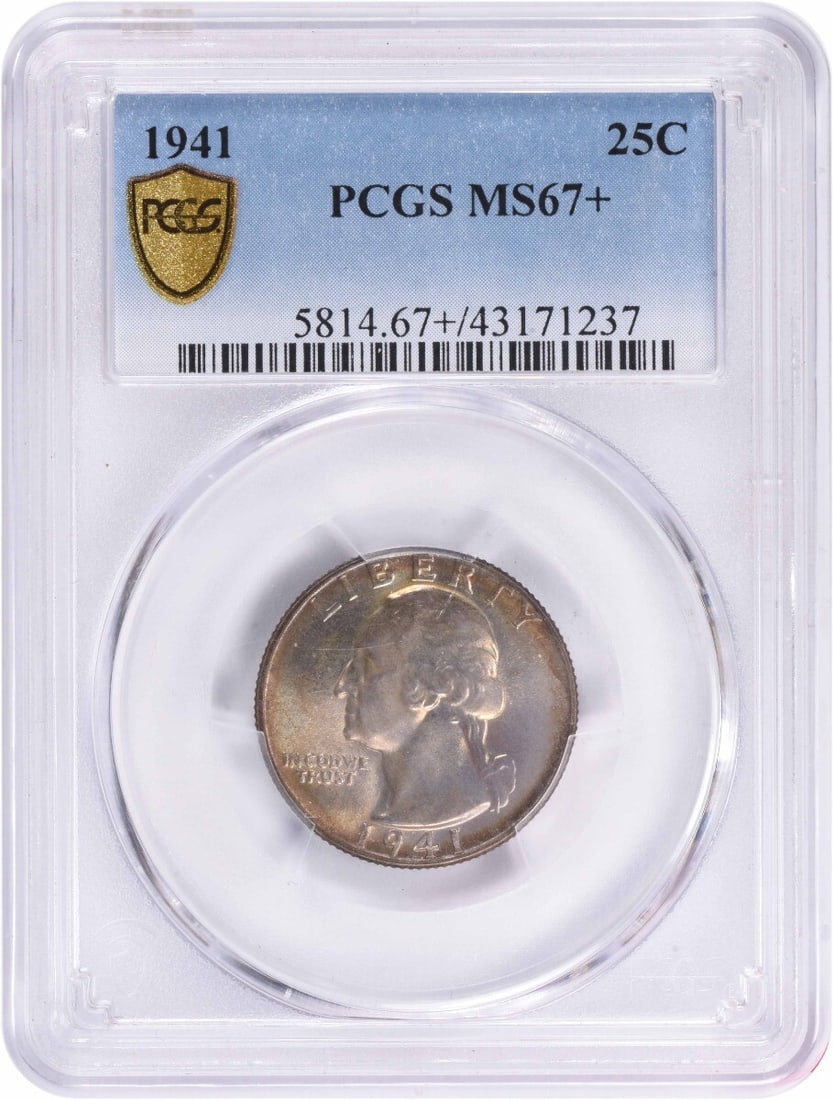 1941 Washington Silver Quarter MS67 PCGS Uncirculated 90% Silver: 1941 Washington Silver Quarter MS67 PCGS Uncirculated 90% Silver This 1941 Washington Silver Quarter is certified by PCGS with a remarkable grade of MS67+, indicating its uncirculated condition. Minte