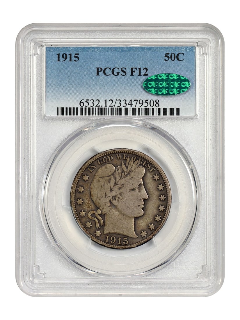 PCGS CAC Fine 12 1915 Barber Half Dollar Key Date 50C: PCGS CAC Fine 12 1915 Barber Half Dollar Key Date 50C This 1915 Barber Half Dollar is certified by PCGS and CAC with a grade of Fine 12. Struck in Philadelphia, it is a circulated coin from a notably