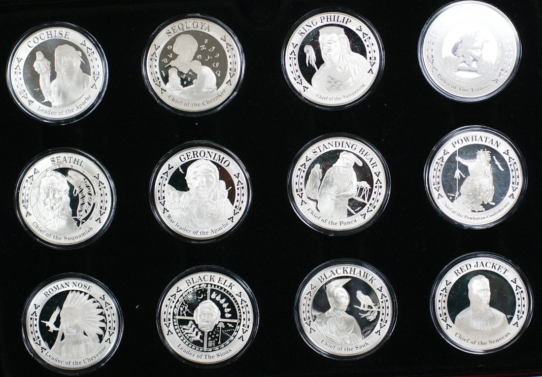 12 Piece Silver Proof Medal Collection Honoring Great Chiefs: 12 Piece Silver Proof Medal Collection Honoring Great Chiefs This is the American Indian Heritage Foundation Great Chiefs Silver Proof set, featuring twelve medals. Each medal is uncirculated and pres