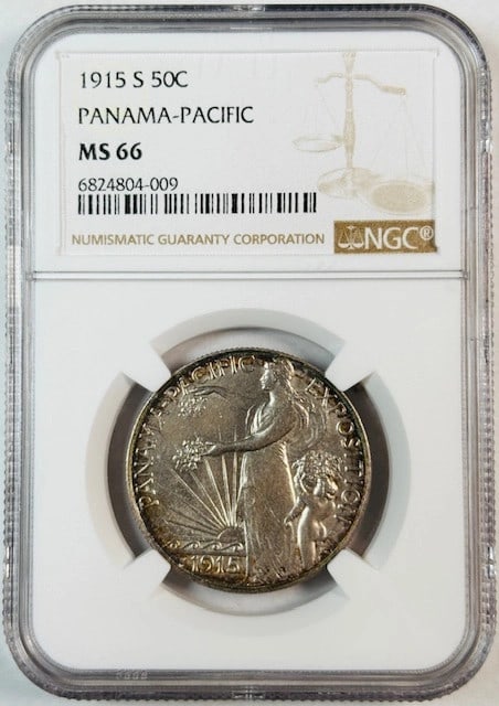 1915 S Panama Pacific Exposition Silver Dollar NGC MS-66: 1915 S Panama Pacific Exposition Silver Dollar NGC MS-66 This 1915 S Classic Commemorative Panama-Pacific Exposition coin is a stunning piece of history, graded MS 66 by NGC. It features a silver comp