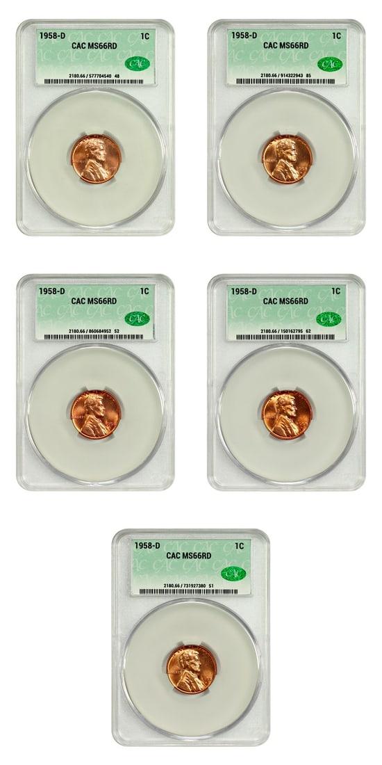 10 Piece 1958-D Lincoln Wheat Cent MS66RD CACG Certified Lot (1 of 6)