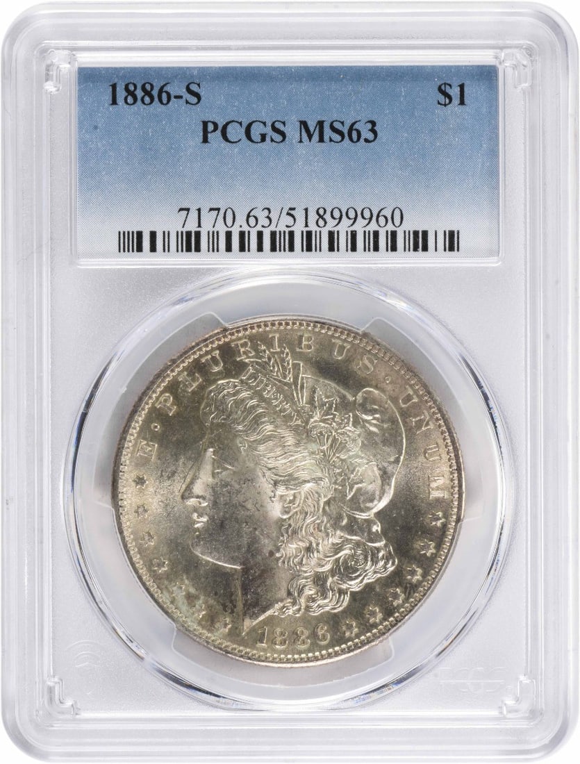 PCGS MS63 1886 San Francisco Morgan Dollar 90 Percent Silver: PCGS MS63 1886 San Francisco Morgan Dollar 90 Percent Silver This 1886-S Morgan Silver Dollar is certified MS63 by PCGS. Struck at the San Francisco Mint, the coin is composed of 90% silver and 10% co
