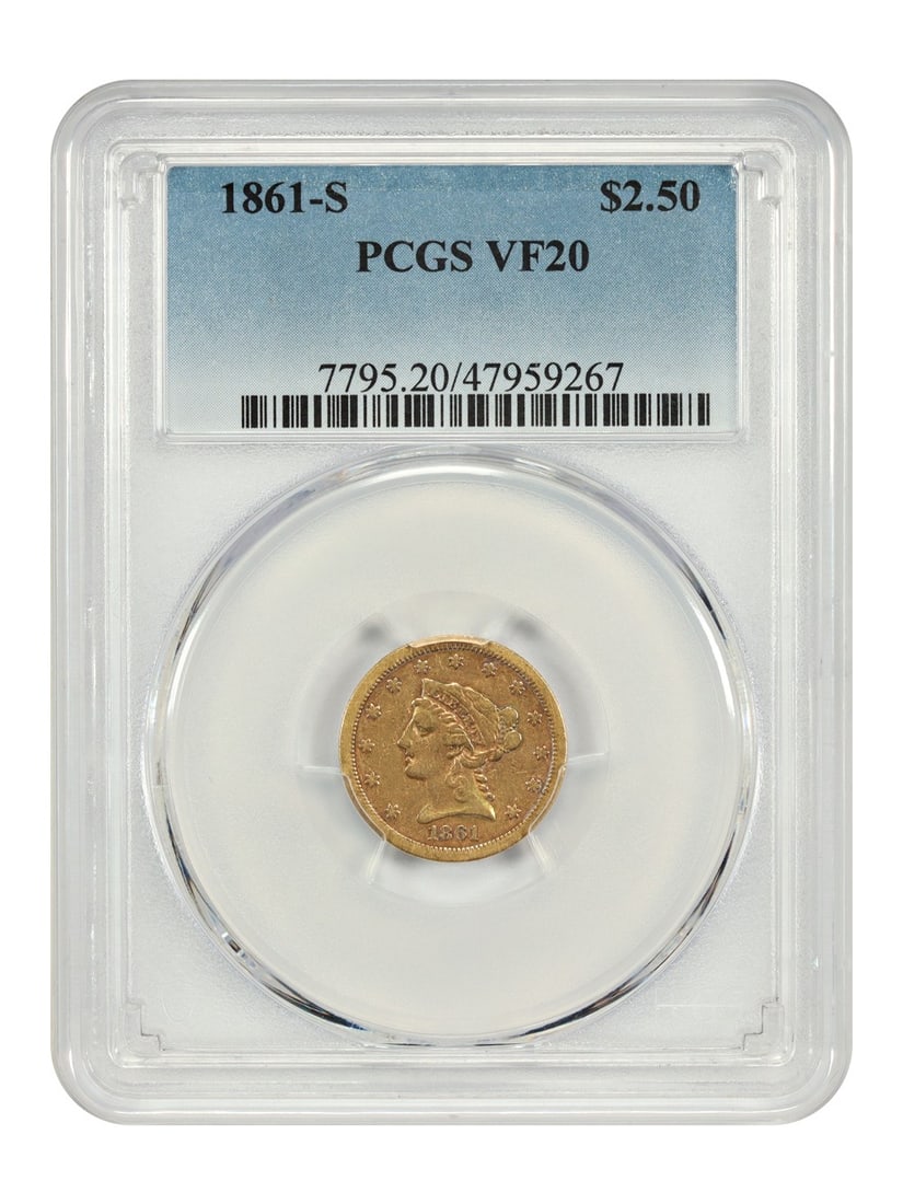 1861 San Francisco Liberty Head $2.50 Gold Coin PCGS Graded VF20: 1861 San Francisco Liberty Head $2.50 Gold Coin PCGS Graded VF20 This 1861-S Liberty Head $2.5 gold coin is graded VF20 by PCGS. Struck at the San Francisco Mint, this circulated coin is part of a lim