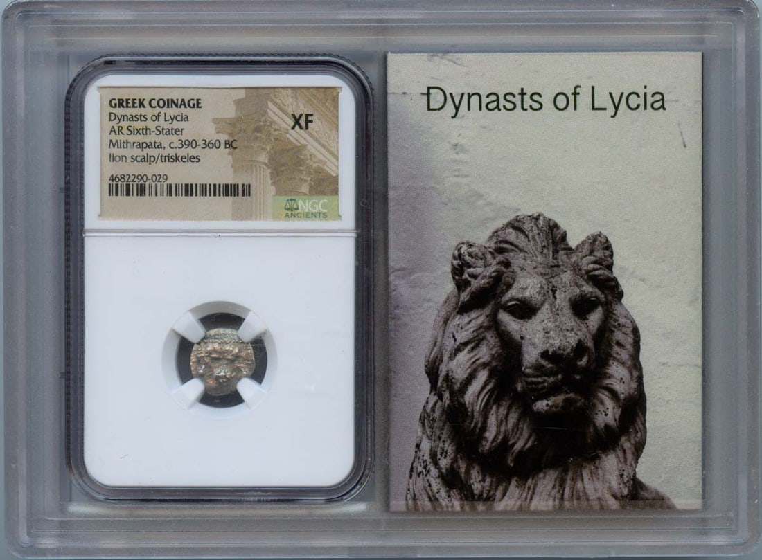 Ancient Greek Dynasts of Lycia AR Sixth Stater NGC XF40: Ancient Greek Dynasts of Lycia AR Sixth Stater NGC XF40 This Ancient Greek coin is a Dynasts of Lycia sixth stater, minted between 390-360 BC. It has been certified by NGC with a grade of XF40, indica