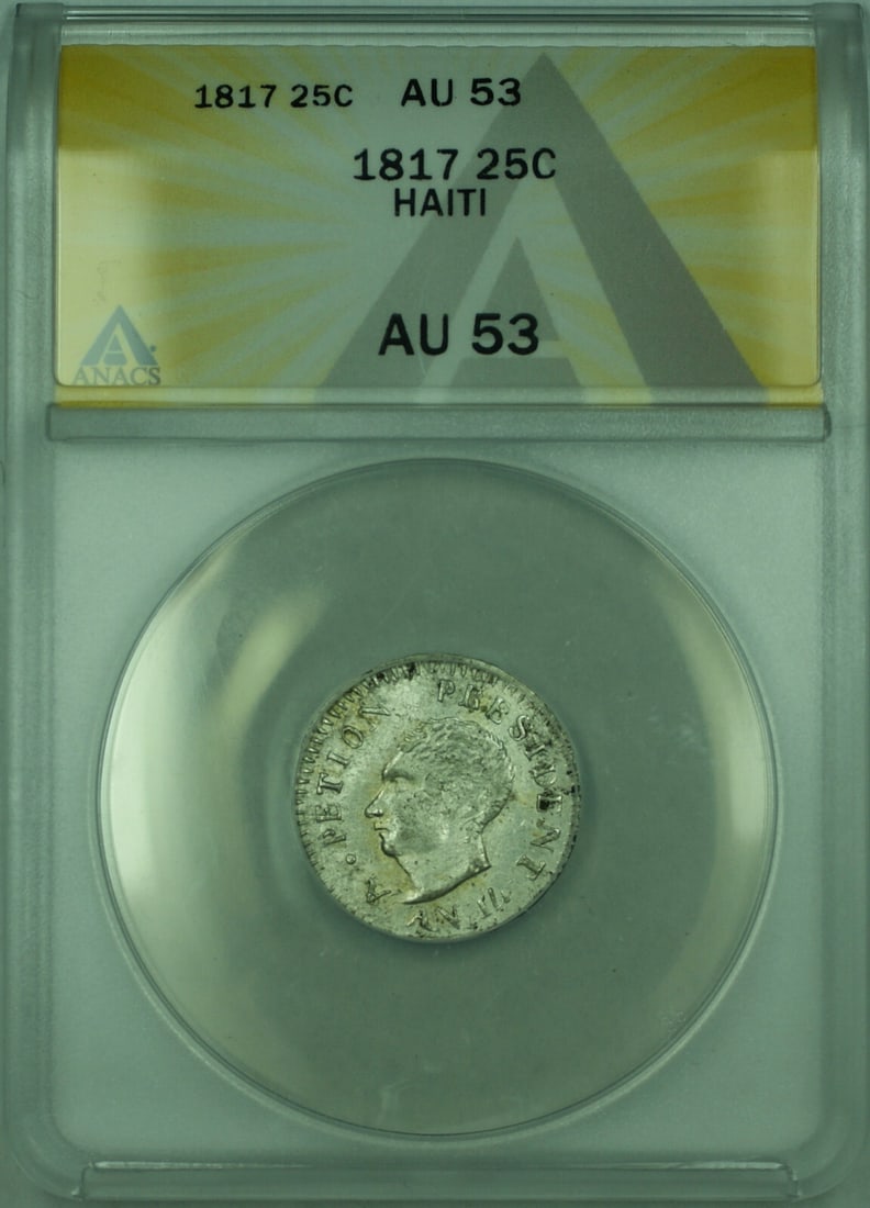 Haiti 1817 Silver 25 Centimes ANACS AU 53 Coin KM 15: Haiti 1817 Silver 25 Centimes ANACS AU 53 Coin KM 15 This 1817 Haiti 25 Centimes coin is certified by ANACS with a grade of AU 53. It is composed of silver and remains in un-used, pre-owned condition.