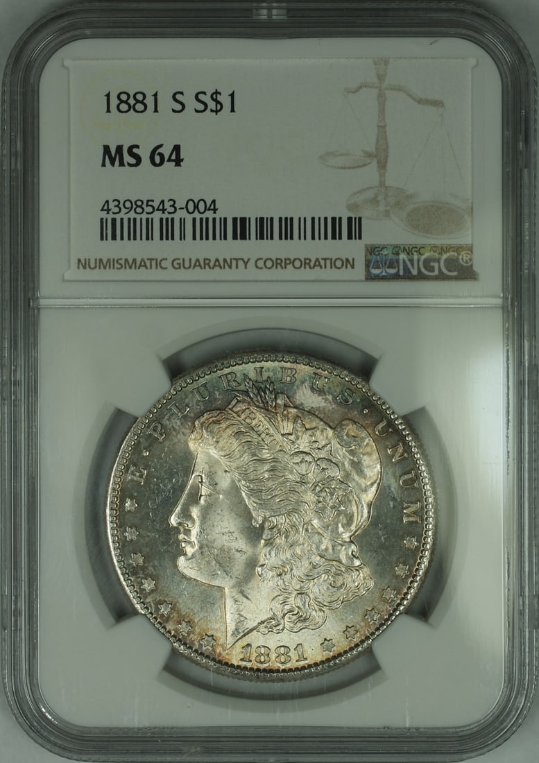 NGC MS-64 1881-S Morgan Silver Dollar Toned Uncirculated Coin: NGC MS-64 1881-S Morgan Silver Dollar Toned Uncirculated Coin This is an 1881-S Morgan Silver Dollar coin graded MS-64 by NGC. The coin originates from the San Francisco Mint and features attractive t