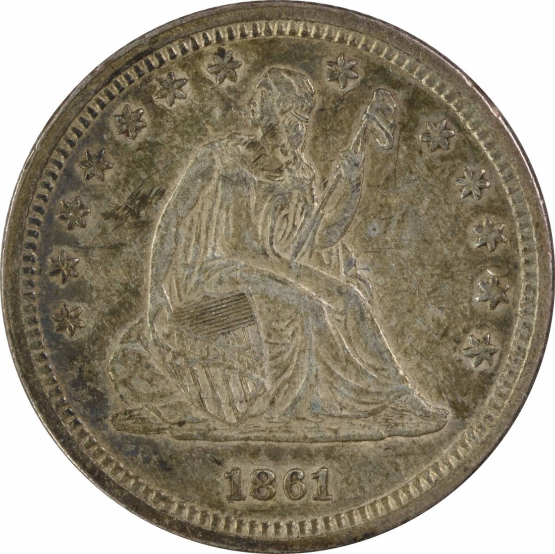 1861 Liberty Seated Quarter AU 90% Silver Philadelphia Mint: 1861 Liberty Seated Quarter AU 90% Silver Philadelphia Mint This 1861 Liberty Seated Quarter is an attractive piece for collectors, showcasing the classic design by Robert Ball Hughes and Christian Go