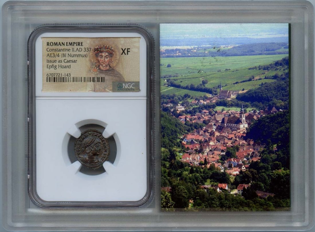 Constantine II AD 337-340 AE3/4 BI Nummus NGC XF40 Coin: Constantine II AD 337-340 AE3/4 BI Nummus NGC XF40 Coin This Ancient Roman coin features the reign of Constantine II, dated between AD 337-340. Graded by NGC as XF40, it showcases a well-preserved exa