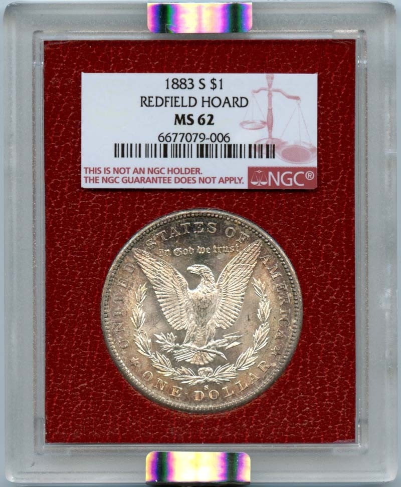 1883 S Morgan Dollar NGC MS62 Redfield Hoard Certified: 1883 S Morgan Dollar NGC MS62 Redfield Hoard Certified This 1883 S $1 Morgan Dollar is a stunning example of American numismatic history, featuring a grade of MS62 certified by NGC. The coin is catego