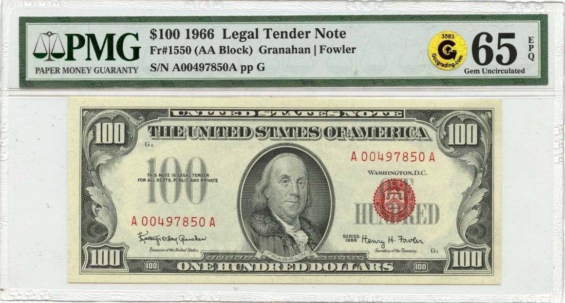 1966 $100 Legal Tender Note Fr# 1550 PMG MS65 Uncirculated Red Seal (1 of 2)