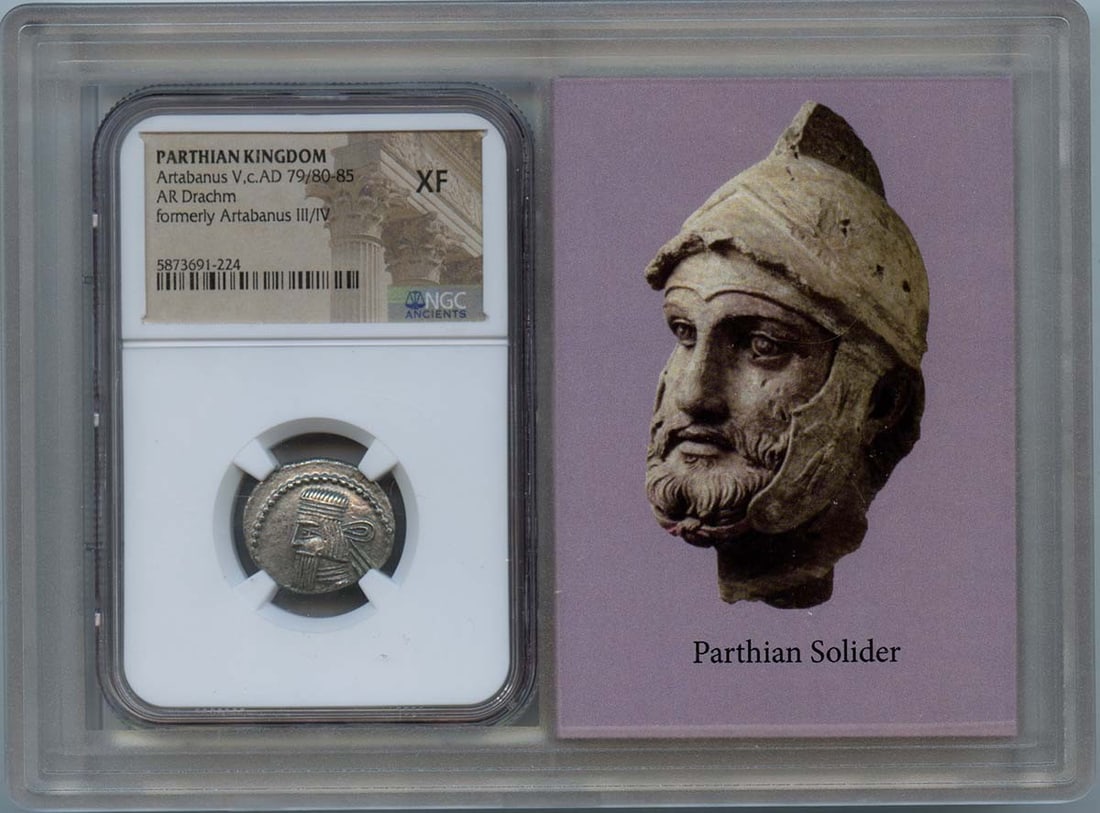 Artabanus V Parthian AR Drachm NGC XF40 Certified Coin: Artabanus V Parthian AR Drachm NGC XF40 Certified Coin This is an exquisite AR Drachm coin from Artabanus V, dating from approximately AD 79/80-85. It has been certified by NGC, receiving a grade of X