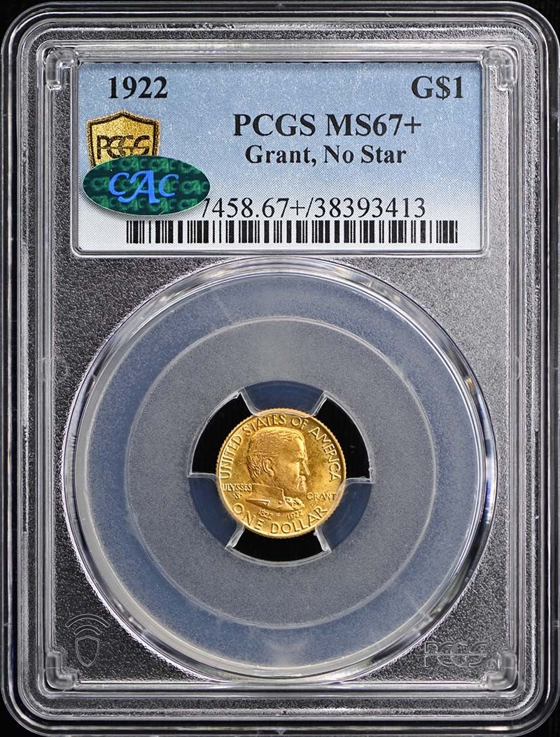 1922 Grant No Star Gold Dollar Commemorative Coin PCGS MS67 Plus CAC: 1922 Grant No Star Gold Dollar Commemorative Coin PCGS MS67 Plus CAC This 1922 Grant No Star gold commemorative coin is graded MS67+ by PCGS and features a CAC designation. Struck at the Philadelphia