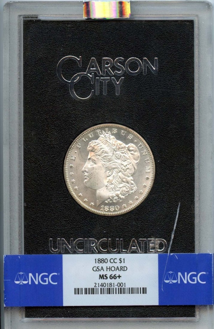 1880-CC Morgan Dollar GSA Hoard NGC MS66+ Uncirculated: 1880-CC Morgan Dollar GSA Hoard NGC MS66+ Uncirculated This stunning 1880-CC Morgan Dollar is a remarkable piece from the GSA HOARD, certified by NGC with a high grade of MS66+. Struck at the Carson C