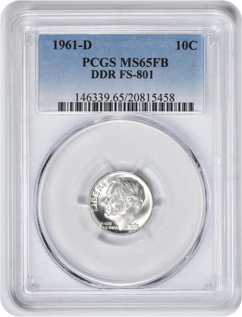 PCGS MS65FB 1961-D Roosevelt Dime DDR FS-801 Silver 10C: PCGS MS65FB 1961-D Roosevelt Dime DDR FS-801 Silver 10C This 1961-D Roosevelt Dime features a Double Die Reverse (DDR) FS-801 variety and has been certified by PCGS as MS65FB. Struck at the Denver Min