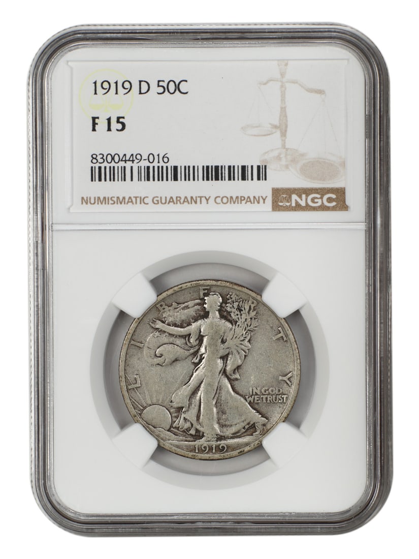 Walking Liberty Half Dollar 1919-D NGC Graded Fine 15 Key Date: Walking Liberty Half Dollar 1919-D NGC Graded Fine 15 Key Date This 1919-D Walking Liberty Half Dollar is a key date in the series and has been certified by NGC with a grade of Fine 15. Struck at the