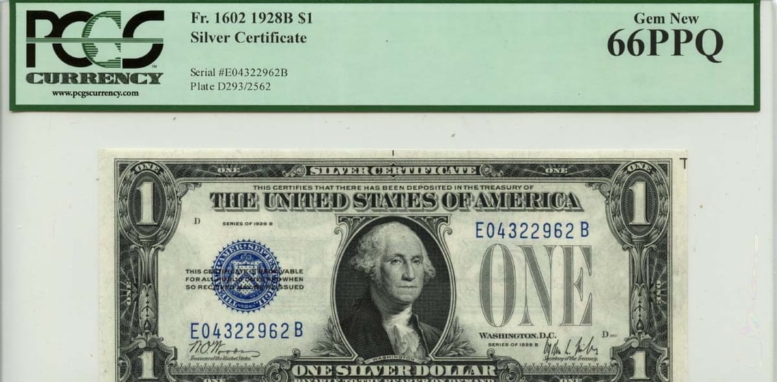 1928B $1 Silver Certificate Blue Seal Gem 66 PCGS Uncirculated (1 of 2)