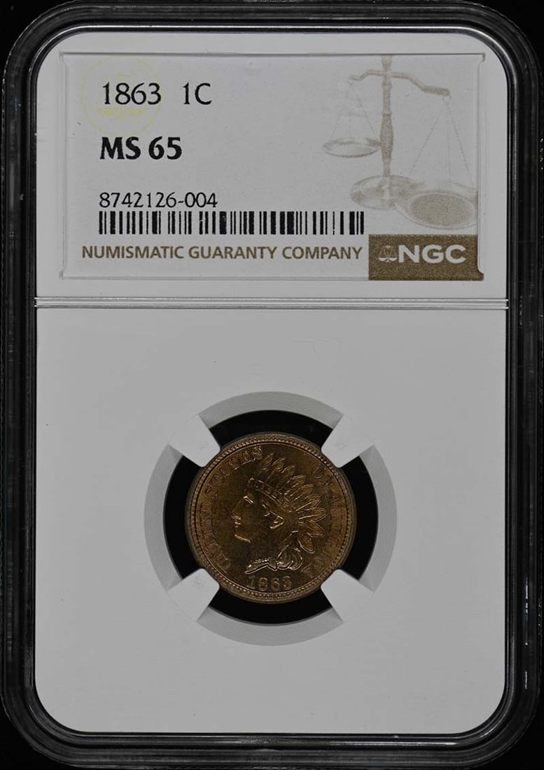 1863 NGC MS65 Copper-Nickel Indian Cent Uncirculated: 1863 NGC MS65 Copper-Nickel Indian Cent Uncirculated This 1863 Copper-Nickel Indian Cent is a remarkable piece for collectors, graded MS65 by NGC, ensuring its high quality and uncirculated condition.