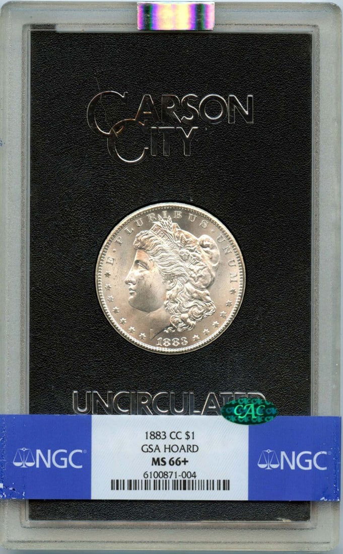 1883-CC Morgan Dollar NGC MS66+ CAC GSA Hoard Coin: 1883-CC Morgan Dollar NGC MS66+ CAC GSA Hoard Coin This 1883-CC Morgan Dollar is a stunning example of coinage from the Carson City Mint, graded MS66+ by NGC and featuring a CAC designation for qualit