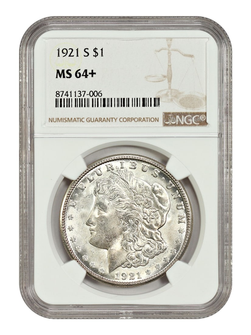 NGC MS64 Plus 1921-S Morgan Silver Dollar Final San Francisco Issue: NGC MS64 Plus 1921-S Morgan Silver Dollar Final San Francisco Issue This 1921-S Morgan Dollar is an un-used silver coin from the final year of production at the San Francisco Mint. Graded MS64+ by NGC