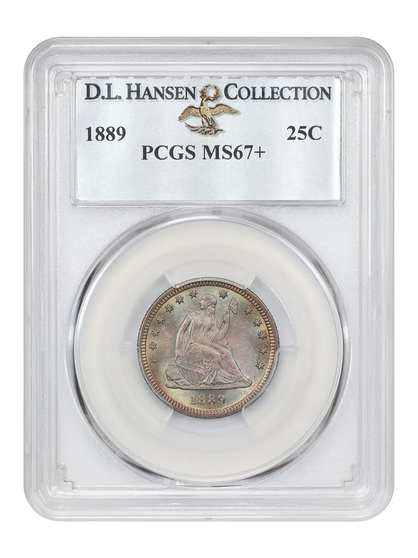 1889 Liberty Seated Quarter 25C PCGS MS67+ D.L. Hansen: 1889 Liberty Seated Quarter 25C PCGS MS67+ D.L. Hansen Presenting a stunning 1889 25C Liberty Seated Quarter, certified by PCGS with a grade of MS67+. This remarkable piece is part of a limited mintag