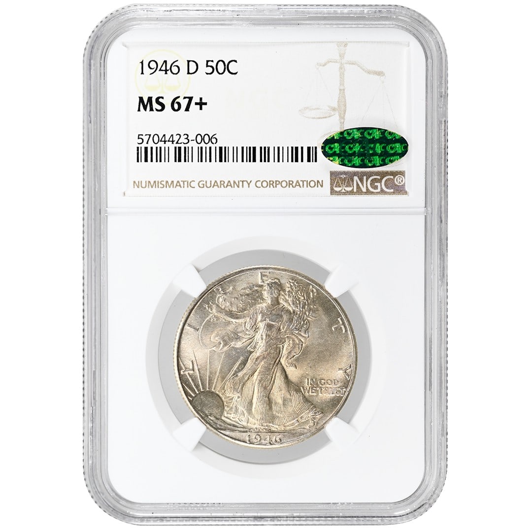 NGC MS67 Plus CAC 1946 Denver Walking Liberty Half Dollar Silver Coin: NGC MS67 Plus CAC 1946 Denver Walking Liberty Half Dollar Silver Coin This 1946-D Walking Liberty Half Dollar is an un-used silver coin minted in Denver. It is certified by NGC and CAC, with a grade o