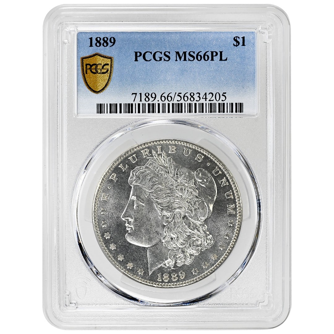 PCGS MS66PL 1889 Morgan Silver Dollar Prooflike Rare Population 3 Coin: PCGS MS66PL 1889 Morgan Silver Dollar Prooflike Rare Population 3 Coin This 1889 $1 Morgan Dollar is an un-used, proof-like silver coin from the Philadelphia Mint. Certified by PCGS with a grade of MS