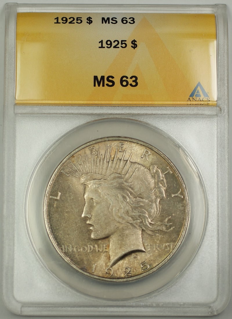 ANACS MS-63 1925 Peace Dollar Silver $1 Coin with Toning (1 of 2)