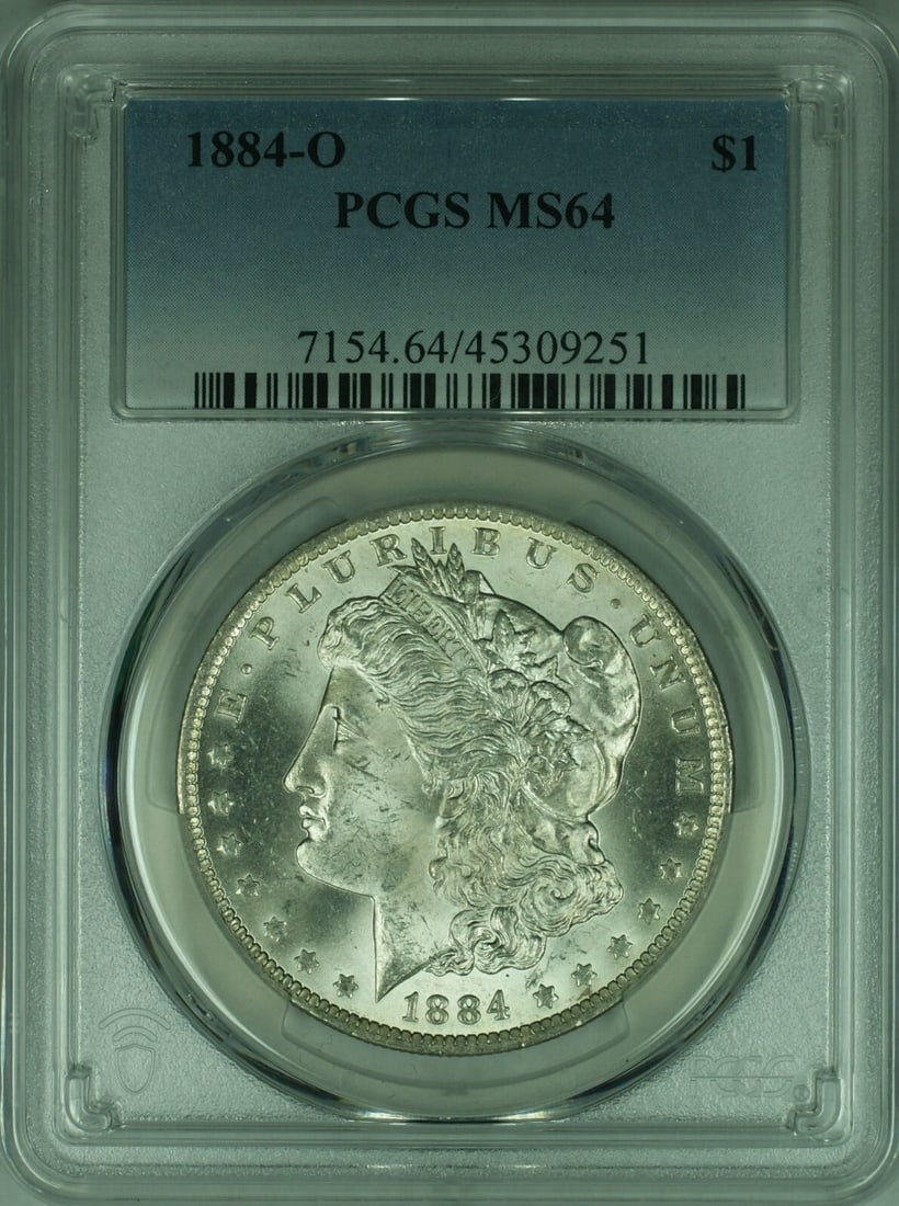 PCGS MS64 1884 New Orleans Morgan Dollar Silver Coin: PCGS MS64 1884 New Orleans Morgan Dollar Silver Coin This 1884-O Morgan Silver Dollar is a United States coin minted in New Orleans. Certified by PCGS with a grade of MS-64, it is composed of silver a