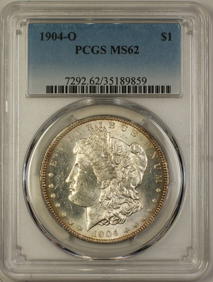 PCGS MS62 1904-O Morgan Silver Dollar New Orleans Mint $1 Coin: PCGS MS62 1904-O Morgan Silver Dollar New Orleans Mint $1 Coin This is a 1904-O Morgan Silver Dollar $1 coin, certified by PCGS with a grade of MS-62. The coin is uncirculated and was minted in New Or