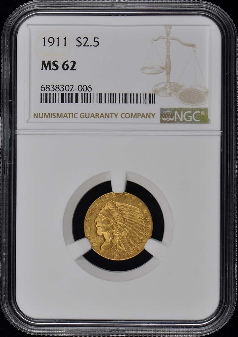 1911 Indian Head $2.50 Coin NGC MS62 Certified Uncirculated (1 of 4)