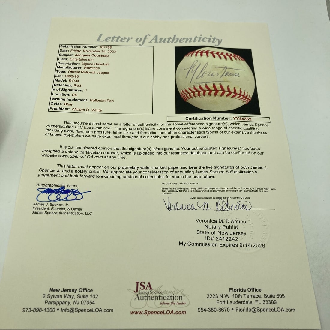 Jacques Cousteau Signed Baseball with JSA Authentication - 4
