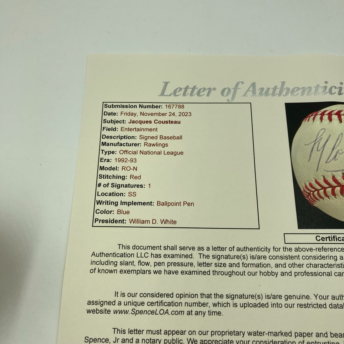Jacques Cousteau Signed Baseball with JSA Authentication - 5