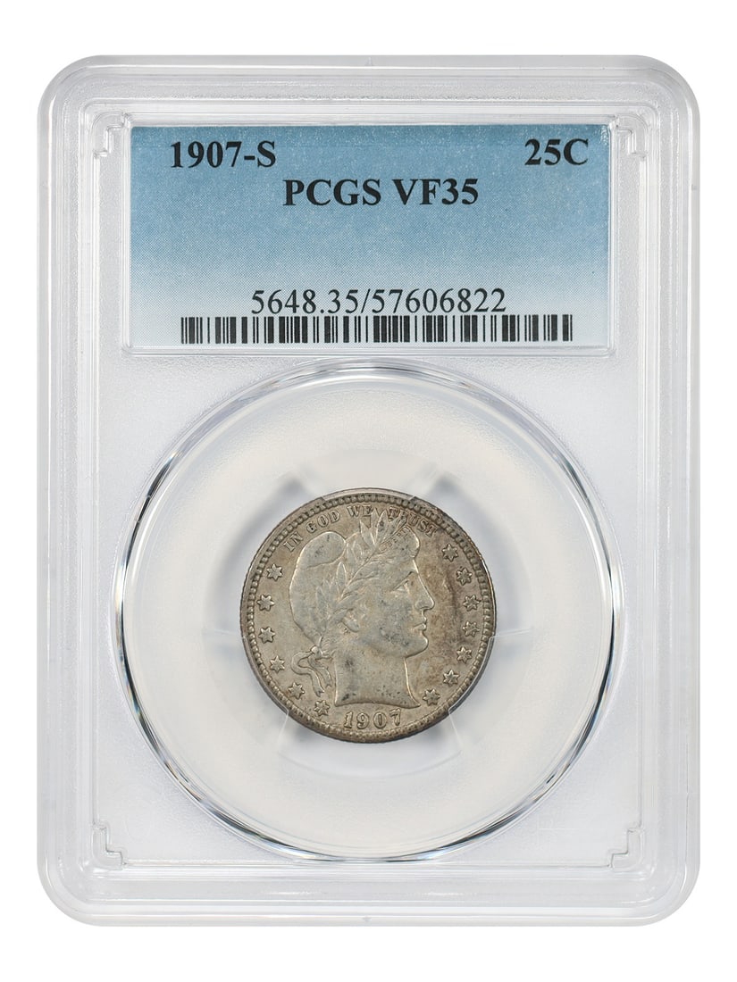 San Francisco 1907 Barber Quarter 25C PCGS Certified VF35: San Francisco 1907 Barber Quarter 25C PCGS Certified VF35 This is a 1907-S Barber Quarter graded VF35 by PCGS. The coin is a circulated example from the San Francisco Mint and is considered a
