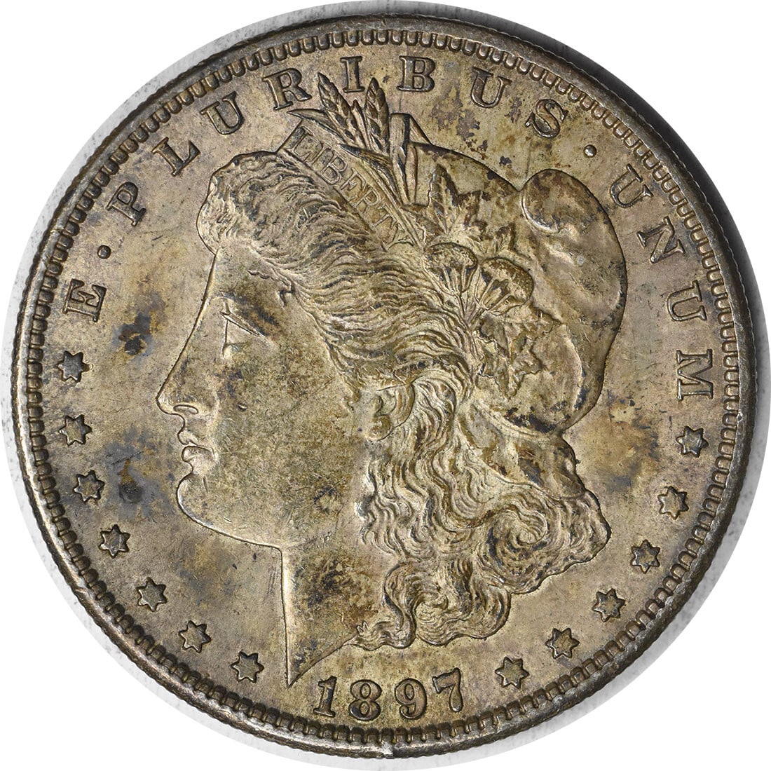 1897 San Francisco Morgan Dollar AU Grade 90 Silver Uncertified Coin: 1897 San Francisco Morgan Dollar AU Grade 90 Silver Uncertified Coin This is an 1897-S Morgan Silver Dollar from the San Francisco Mint. The coin is circulated and graded as About Uncirculated (AU),