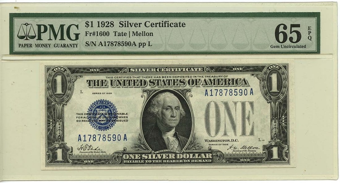 1928 $1 Silver Certificate Fr# 1600 PMG GEM 65 EPQ Uncirculated (1 of 2)