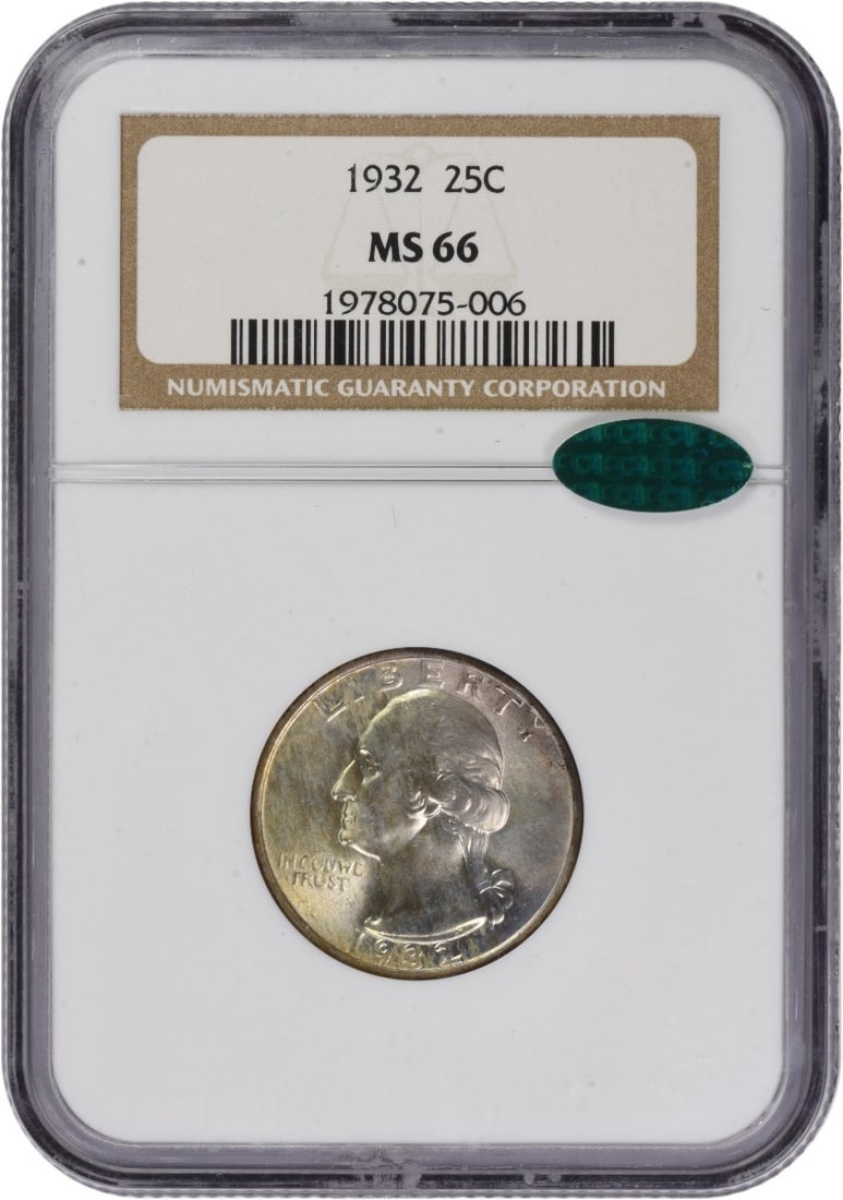 MS66 1932 Silver Washington Quarter NGC Graded With CAC Sticker: MS66 1932 Silver Washington Quarter NGC Graded With CAC Sticker This 1932 Washington Quarter is composed of silver and has been graded MS66 by NGC, accompanied by CAC certification. The coin is uncirc